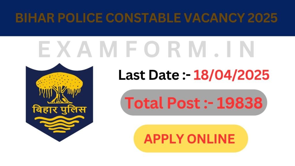 Bihar Police Constable Form 2025 Apply Online :- The Bihar government has released a new vacancy for the students preparing for the competitive exams. The Bihar government has released recruitment for 19838 posts in Bihar Police for the candidates who are preparing for the job. The candidates who were waiting for this vacancy, their wait is over now. The candidates who want to apply for this vacancy should keep all their documents ready. Whoever is interested in applying for this vacancy, interested candidates can apply for the vacancy through online portal from 18 March 2025. The last date to apply for this vacancy is 18 April 2025. Candidates should fill their form and make payment before the last date. Candidates should not wait for the last date. There is a high possibility of server down on the last date, so interested candidates should fill their form before the last date. Name Of Post :- Bihar Police Constable Form 2025 Apply Online . Post Date :- 14/03/2025 Examform.in Central Selection Board of Constable (CSBC) Bihar Police Constable Requirement 2025 Advt No. :- 01/2025 Bihar Police Constable Form 2025 Apply Online Bihar Police Constable Form 2025 Apply Online Important Date Application Begin :- 18/03/2025 Last Date for Apply Online :- 18/04/2025 Pay Exam Fee Last Date :- 18/04/2025 Exam Date :- Notify Later Admit Card :- Before Exam Application Fee General / BC/ EBC / EWS :- 675/- SC / ST :- 180/- Pay the Examination Fee Through Debit Card, Credit Card, Net Banking or Pay Offline Fee Payment Through E Challan Mode Only Age Limit Minimum Age :- 18 Years Maximum Age :- 25 Years Age Relaxation Extra as per Bihar Police Constable Advt No. 01/2025 Notification Eligibility Male, Female Candidates Are Eligible. Passed 10+2 (Intermediate) Exam from Any Recognized Board in India. Vacancy Details Total 19838 Post General :- 7935 EWS :- 1983 SC :- 3174 ST :- 199 EBC :- 3571 BC :- 2381 BC (Female) :- 595 Physical Eligibility Male Height General / BC :- 165 cm EBC / SC / ST :- 160 cm Chest General / BC / EBC: 81-86 cm SC / ST: 79-84 cm Running :- 1.6 km in 6 minutes Shot Put :- 16-pound shot put thrown 16 feet Long Jump :- 4 feet Female Height All categories: 155 cm Running :- 1 km in 5 minutes Shot Put :- 12-pound shot put thrown 12 feet Long Jump :- 3 feet Pay Scale and Selection Process Pay Scale :- ₹21,700 – ₹69,100 (Level-3) Selection Process :- Written Exam, Physical Exam, and Merit List Important Link Apply Online Active Link On 18/03/2025 Download Notification Click Here Download Short Notice Click Here Official Website Click Here Follow latestjob Channel Click Here Bihar Police Constable Form 2025 Apply Online Overview Bihar Police Constable vacancy has been released for 19838 posts. Interested candidates can apply for this vacancy from 18 March 2025. Any candidate who wants to apply for this vacancy should download the notification and check the eligibility and prepare all his documents according to the eligibility. This is a golden opportunity for those candidates who want to do job in Bihar Police. Do not miss this opportunity and apply for your dream job before the last date. The Bihar Police Constable recruitment process is conducted by the Central Selection Board of Constables (CSBC), which is responsible for recruiting constables for various police departments across Bihar. Here’s a detailed overview. Eligibility Criteria To apply for the Bihar Police Constable exam, candidates must meet certain eligibility criteria. Age Limit Minimum: 18 years Maximum: 25 years (for general category) Age relaxations are provided for reserved categories (OBC, SC/ST, etc.) Educational Qualification Candidates must have passed at least the 10th class (Matriculation) from a recognized board. Physical Fitness Height General: 165 cm SC/ST: 160 cm Chest (for male candidates only): General: 81 cm (unexpanded) and 86 cm (expanded) SC/ST: 79 cm (unexpanded) and 84 cm (expanded) Physical Endurance : There are different requirements for running and other fitness tests. Nationality :- The candidate must be a citizen of India. Recruitment Process The recruitment process for Bihar Police Constable consists of several stages Written Exam The exam is usually of objective-type and includes questions on General Knowledge, Mathematics, Reasoning, and Hindi. Total Marks: 100 Duration: 2 hours Syllabus includes General Knowledge Current Affairs General Science Mathematics (Basic Arithmetic) Reasoning Hindi Physical Efficiency Test (PET) :- After the written exam, candidates who clear the written test are called for the Physical Efficiency Test (PET). This includes For male candidates 1.6 km run in 6 minutes High Jump Long Jump For female candidates 1 km run in 5 minutes High Jump Long Jump Physical Measurement Test (PMT) :- This is conducted to measure the physical standards (height, chest, etc.) of the candidates. Document Verification :- Candidates who clear both the PET and PMT will undergo document verification, where all original documents are checked. Salaries and Benefits The salary of a Bihar Police Constable varies according to the pay scale set by the state government: Pay Scale :- Typically, the pay scale for Bihar Police Constable falls under Level-3 with a salary of around ₹21,700 to ₹69,100 per month, along with allowances and benefits. How to Apply Online Form. Candidates can apply for the Bihar Police Constable exam by visiting the official CSBC website: 1. Go to the CSBC official website. 2. Find the Bihar Police Constable Recruitment Notification. 3. Fill out the online application form with all required details. 4. Upload scanned documents (photo, signature, etc.). 5. Pay the application fee (if applicable). 6. Submit the form and take a printout for future reference. Application Fees General/OBC candidates :- Around ₹450 SC/ST candidates :- Around ₹112 These fees may vary slightly, and it’s important to check the official notification for the exact details. Selection Process Summary Written Examination (Objective Type) Physical Measurement Test (PMT) Physical Efficiency Test (PET) Document Verification Preparation Tips Focus on Basics : Study basic Mathematics, General Knowledge, Hindi, and Reasoning. Mock Tests: Taking regular mock tests will help you get familiar with the exam pattern and improve time management. Physical Fitness: Ensure that you are in good physical shape for the PET and PMT stages. Bihar Police Constable Form 2025 Apply Online Syllabus In Detail The Bihar Police Constable exam is conducted by the Central Selection Board of Constables (CSBC), and the syllabus for the exam is structured to test the candidate’s knowledge in various subjects. Here’s a detailed breakdown of the syllabus: 1. General Knowledge (GK) This section tests the candidate’s awareness of the world around them. The topics typically include: Current Affairs: National and international events Important days and dates Important awards and honors Sports news and achievements Government schemes and policies History: Ancient, Medieval, and Modern Indian History Important events in Indian and World history Freedom Movement and leaders Geography: Physical and Political Geography of India and the World Major rivers, mountains, and geographical features States and capitals of India Climate and weather patterns in India Economics: Basic economic terms (inflation, GDP, etc.) Indian economy (growth, reforms, major sectors) Financial institutions (RBI, Banks, etc.) Polity: Indian Constitution Fundamental Rights and Duties Structure of Indian Government Local Government (Panchayats, Municipalities) Important political events and leaders Science: Basic principles of Physics, Chemistry, and Biology Space Science, Environment, and Ecology Innovations and inventions Important scientific discoveries and their impact 2. Mathematics This section evaluates basic arithmetic and mathematical skills. The key topics include: Number System: Natural numbers, whole numbers, integers, fractions, decimals Square and square roots, cube and cube roots LCM and HCF Percentage: Calculation of percentage, profit and loss, discount, etc. Average: Calculation of average of a set of numbers Time and Work: Work efficiency, time taken by a person to complete a job, etc. Ratio and Proportion: Solving problems related to ratios, proportion, and variations Speed, Distance, and Time: Problems involving motion, average speed, time taken, etc. Simple algebraic expressions, equations, and solving linear equations Mensuration: Area and perimeter of 2D shapes (circle, square, rectangle, etc.) Volume and surface area of 3D shapes (cylinder, cone, cube, etc.) Simple and Compound Interest: Calculation of interest, principal, amount, etc. Profit and Loss: Cost price, selling price, profit, loss, and their percentages 3. Reasoning This section checks the candidate’s ability to think logically and analytically. The topics typically include: Verbal Reasoning: Series completion Analogy Classification Blood relations Direction sense test Coding and decoding Number, letter, and word puzzles Non-Verbal Reasoning: Mirror images Water images Figure series Pattern recognition and analogy Logical Reasoning: Syllogism Seating arrangement Input-output Odd one out Decision-making problems 4. Hindi This section tests the candidate’s proficiency in the Hindi language. The key topics include: Grammar: Vocabulary, word formation, antonyms, synonyms Sentence formation, tenses, and sentence correction Idioms and phrases Active and passive voice, direct and indirect speech Comprehension Bihar Police Constable Form 2025 Apply Online Study Material If you are preparing for any competitive exam and you need study material, then by clicking on the given link you can get the study material of any exam as per your requirement. To get the study material, first click on the link given below and join the group and from there download the PDF as per your requirement. Bihar Police Constable Form 2025 Apply Online Study Material Click Here Bihar Police Constable Form 2025 Apply Online Apply Link Interested candidates can apply for this vacancy by clicking on the apply link given in this post or can also apply for this vacancy by visiting the official website through the official link. Bihar Police Constable Form 2025 Apply Online Eligibility Your minimum eligibility for this vacancy should be 12th pass or any other qualification equivalent to 12th and your age should be at least 18 years. Apart from this, there are many terms and conditions which you can see by downloading the notification. To see the qualification in detail, you can download the notification by clicking on the notification link. Bihar Police Constable Form 2025 Apply Online Notification Bihar Police Constable Recruitment notification has been released on the official site. All the information related to education qualification, age limit, exam and vacancy has been given for the candidates in the notification. To download the notification, you can visit the official website. You can also download the notification directly through the given link. Bihar Police Constable Form 2025 Apply Online Notification PDF Download Click Here Bihar Police Constable Form 2025 Apply Online Syllabus Pdf Download If you want to download the syllabus of Bihar Police Constable, then you can download the syllabus through the given link. To download the syllabus, you have to click on the first link of Bihar Police Constable Syllabus and your syllabus will be downloaded. To download the syllabus in PDF format, you can also download freePDFzone through the web Bihar Police Constable Form 2025 Apply Online Syllabus Pdf Download Click Here